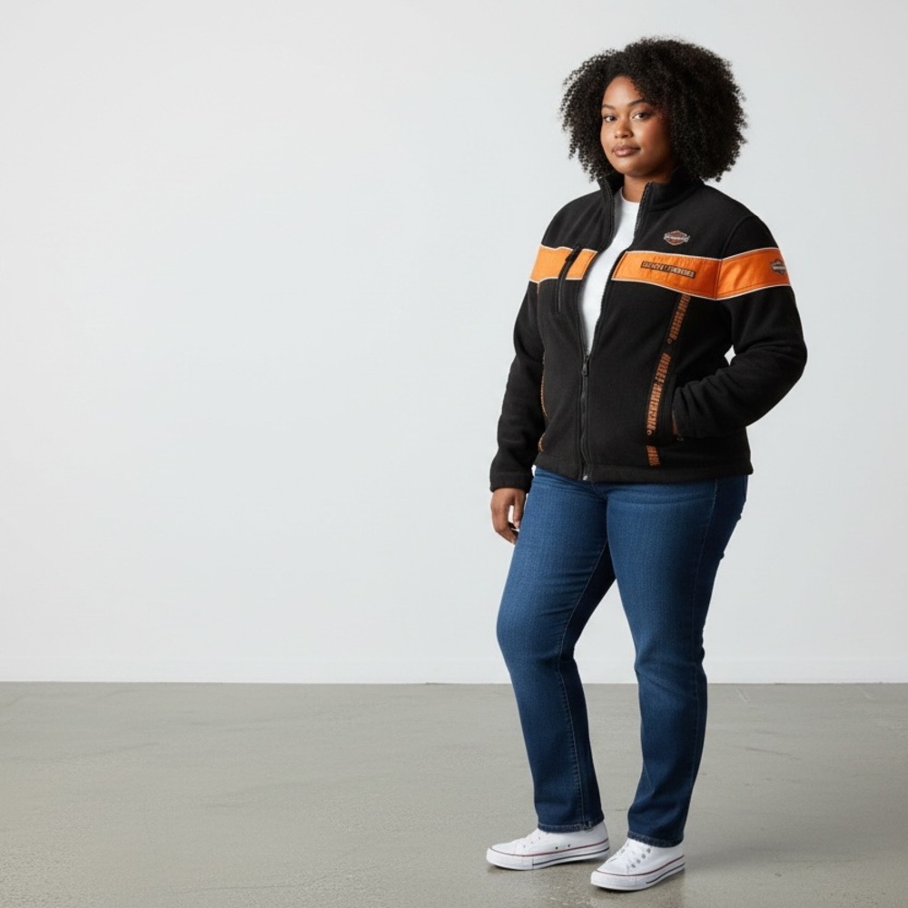 Y2K Harley-Davidson black and orange full-zip heavy fleece jacket Small
